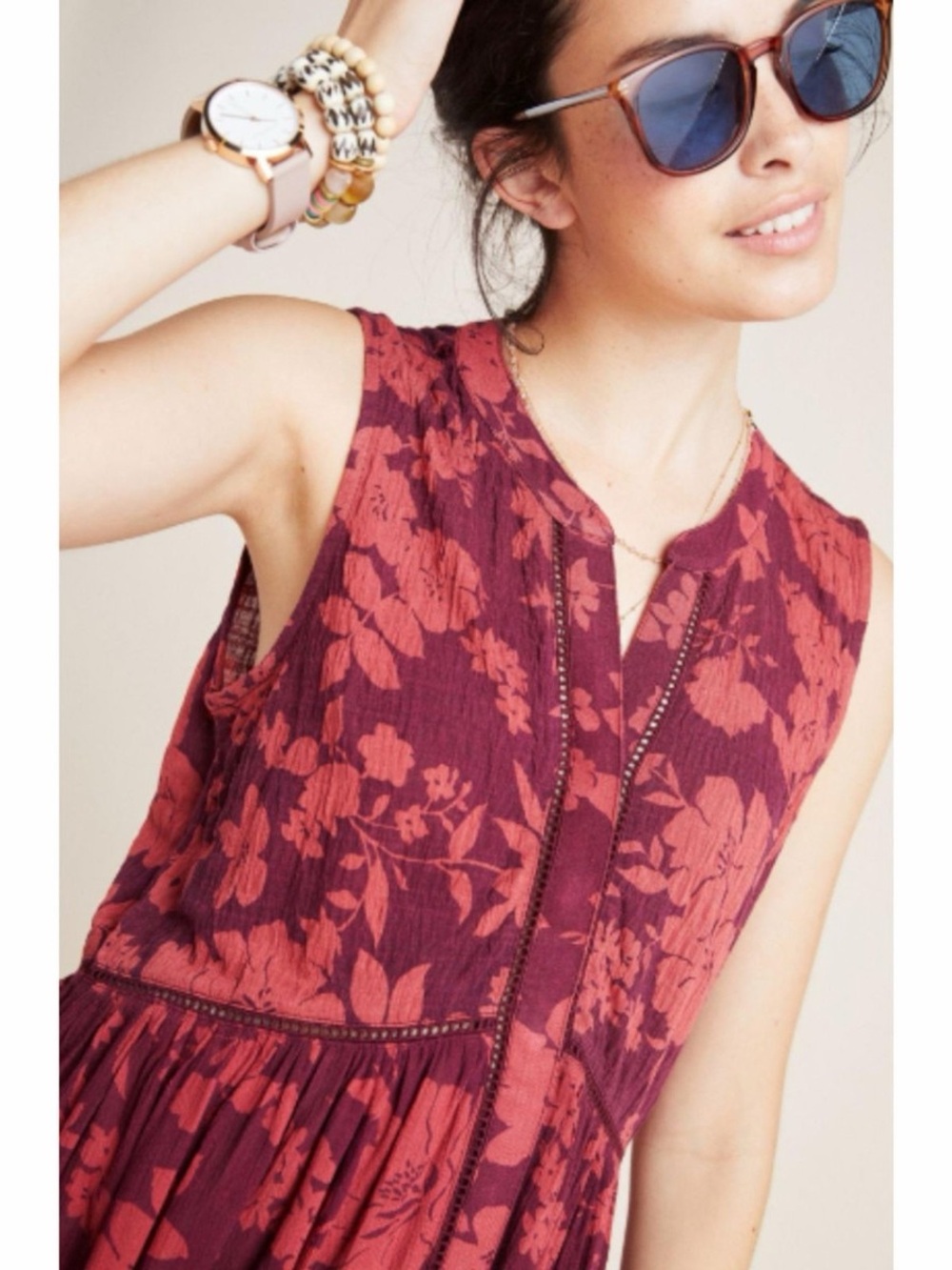 Anthropologie Dress Womens L Floral Burgundy Boho Cottagecore Flowy Romantic - Picture 2 of 5